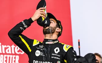 IMOLA, ITALY - NOVEMBER 01: Daniel Ricciardo, Renault F1 celebrates on the podium with a shoey during the Emilia-Romagna GP at Imola on Sunday November 01, 2020, Italy. (Photo by Mark Sutton / Sutton Images)