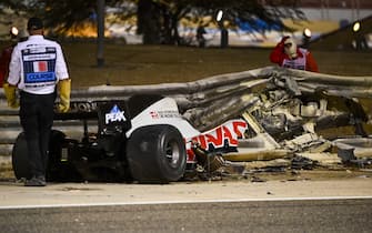 BAHRAIN INTERNATIONAL CIRCUIT, BAHRAIN - NOVEMBER 29: The wreckage of the car of Romain Grosjean, Haas VF-20, after his huge crash on the opening lap during the Bahrain GP at Bahrain International Circuit on Sunday November 29, 2020 in Sakhir, Bahrain. (Photo by Mark Sutton / Sutton Images)