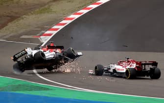 NÃ¼RBURGRING, GERMANY - OCTOBER 11: George Russell, Williams FW43, is aunched into the air after contact with Kimi Raikkonen, Alfa Romeo Racing C39. Raikkonen received a time penalty for causing the incident. Credit: Herve Tusoli/Motorsport Images during the Eifel GP at NÃ¼rburgring on October 11, 2020 in NÃ¼rburgring, Germany. (Photo by Herve Tusoli / LAT Images)