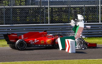 AUTODROMO NAZIONALE MONZA, ITALY - SEPTEMBER 06: Sebastian Vettel, Ferrari SF1000, collides with barriers during the Italian GP at Autodromo Nazionale Monza on Sunday September 06, 2020 in Monza, Italy. (Photo by Andy Hone / LAT Images)