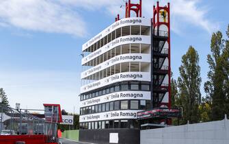 IMOLA, ITALY - OCTOBER 29: A view of the buidling at the end of the pits during the Emilia-Romagna GP at Imola on Thursday October 29, 2020, Italy. (Photo by Glenn Dunbar / LAT Images)