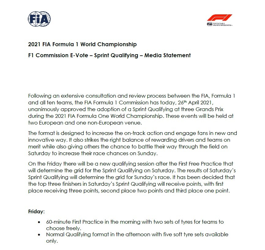 Il comunicato di Fia e Formula 1