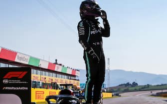 MUGELLO CIRCUIT, ITALY - SEPTEMBER 12: Lewis Hamilton, Mercedes-AMG Petronas F1 celebrates pole position during the Tuscany GP at Mugello Circuit on Saturday September 12, 2020, Italy. (Copyright Free for Editorial Use Only. Credit: Russell Batchelor)