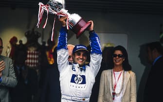 MONTE CARLO, MONACO - JUNE 01: Juan Pablo Montoya, 1st position, celebrates victory on the podium during the Monaco GP at Monte Carlo on June 01, 2003 in Monte Carlo, Monaco. (Photo by LAT Images)