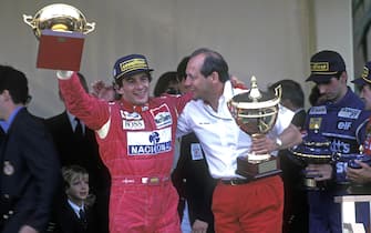 Ayrton Senna and McLaren-Ford team principal Ron Dennis with their trophies after the Monaco Grand Prix in Monaco, 23 mAY 1993. Ansa/Grand Prix Photo