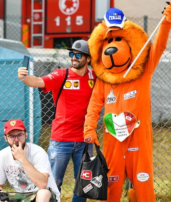 AUTODROMO NAZIONALE MONZA, ITALY - SEPTEMBER 10: A lion mascot in a grandstand with Ferrari fans during the Italian GP at Autodromo Nazionale Monza on Friday September 10, 2021 in Monza, Italy. (Photo by Mark Sutton / Sutton Images)