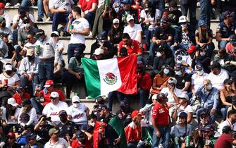 MEXICO CITY, MEXICO - NOVEMBER 05: Fans watch the action in the grandstand during practice ahead of the F1 Grand Prix of Mexico at Autodromo Hermanos Rodriguez on November 05, 2021 in Mexico City, Mexico. (Photo by Lars Baron/Getty Images)