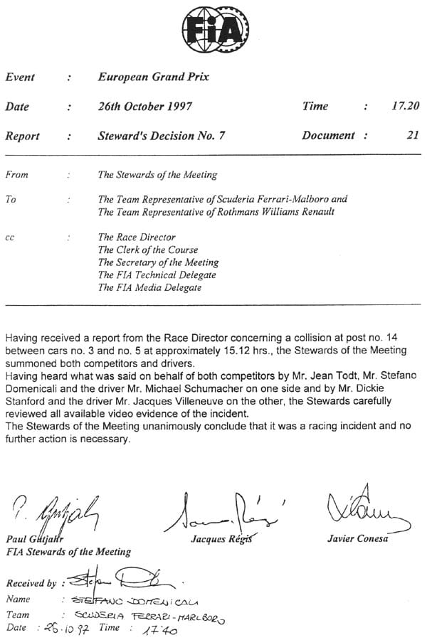 Il documento con cui i commissari assolvevano Schumacher nel 1997. Il verdetto fu poi ribaltato dalla FIA