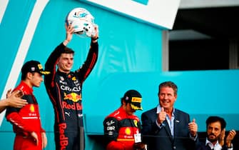 MIAMI, FLORIDA - MAY 08: Race winner Max Verstappen of the Netherlands and Oracle Red Bull Racing celebrates on the podium during the F1 Grand Prix of Miami at the Miami International Autodrome on May 08, 2022 in Miami, Florida. (Photo by Jared C. Tilton/Getty Images)