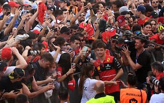 CIRCUIT DE BARCELONA-CATALUNYA, SPAIN - MAY 19: Charles Leclerc, Ferrari greets fans during the Spanish GP at Circuit de Barcelona-Catalunya on Thursday May 19, 2022 in Barcelona, Spain. (Photo by Mark Sutton / Sutton Images)