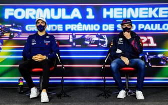 Williams' Canadian driver Nicholas Latifi (L) and Red Bull's Dutch driver Max Verstappen attend a press conference at the Autodromo Jose Carlos Pace race track in Sao Paulo, Brazil, on November 11, 2021. - Brazil will hold its Formula One Grand Prix on November 14. (Photo by Rudy CAREZZEVOLI / POOL / AFP) (Photo by RUDY CAREZZEVOLI/POOL/AFP via Getty Images)