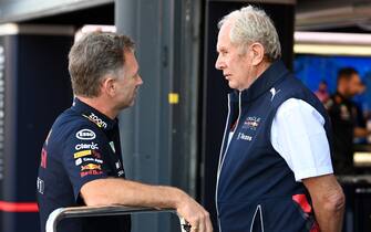 CIRCUIT ZANDVOORT, NETHERLANDS - SEPTEMBER 03: Christian Horner, Team Principal, Red Bull Racing, with Helmut Marko, Consultant, Red Bull Racing during the Dutch GP at Circuit Zandvoort on Saturday September 03, 2022 in North Holland, Netherlands. (Photo by Mark Sutton / Sutton Images)