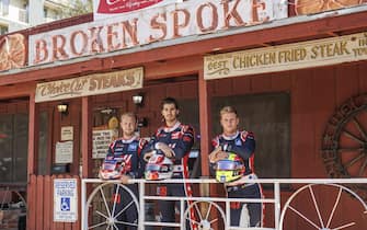 CIRCUIT OF THE AMERICAS, UNITED STATES OF AMERICA - OCTOBER 19: Special Austin livery overalls shoot at Broken Spoke, Austin
Kevin Magnussen, Haas F1 Team Antonio Giovinazzi, Haas F1 Team Mick Schumacher, Haas F1 Team during the United States GP at Circuit of the Americas on Wednesday October 19, 2022 in Austin, United States of America. (Photo by Andy Hone / LAT Images)