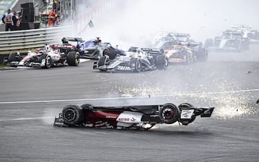 Crash of #24 Guanyu Zhou (CHN, Alfa Romeo F1 Team ORLEN) at the start, F1 Grand Prix of Great Britain at Silverstone Circuit on July 3, 2022 in Silverstone, United Kingdom. (Photo by HIGH TWO)