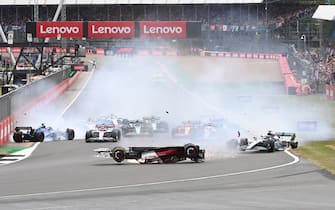 7/3/2022 - Max Verstappen, Red Bull Racing RB18, leads as a crash involving George Russell, Mercedes W13, Zhou Guanyu, Alfa Romeo C42, Alex Albon, Williams FW44, Esteban Ocon, Alpine A522, and Yuki Tsunoda, AlphaTauri AT03, unfolds in Silverstone, Great Britain. (Photo by Mark Sutton/Motorsport Images/Sipa USA)
France OUT, UK OUT