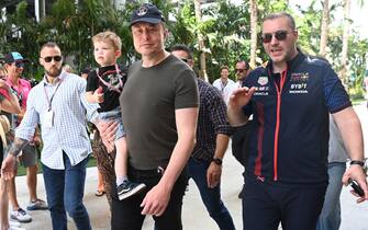 5/6/2023 - Elon Musk with son X AE A-XII during the Formula 1 Miami Grand Prix in Miami, USA. (Photo by Mark Sutton/Motorsport Images/Sipa USA) France OUT, UK OUT