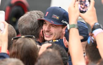 CIRCUIT DE BARCELONA-CATALUNYA, SPAIN - JUNE 04: Max Verstappen, Red Bull Racing, 1st position, and Christian Horner, Team Principal, Red Bull Racing, celebrate in Parc Ferme during the Spanish GP  at Circuit de Barcelona-Catalunya on Sunday June 04, 2023 in Barcelona, Spain. (Photo by Mark Sutton / Sutton Images)