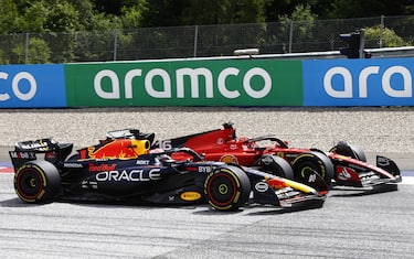 7/2/2023 - Max Verstappen, Red Bull Racing RB19, battles with Charles Leclerc, Ferrari SF-23 during the Formula 1 Austrian Grand Prix in Spielberg, Austria. (Photo by Andy Hone/Motorsport Images/Sipa USA) France OUT, UK OUT