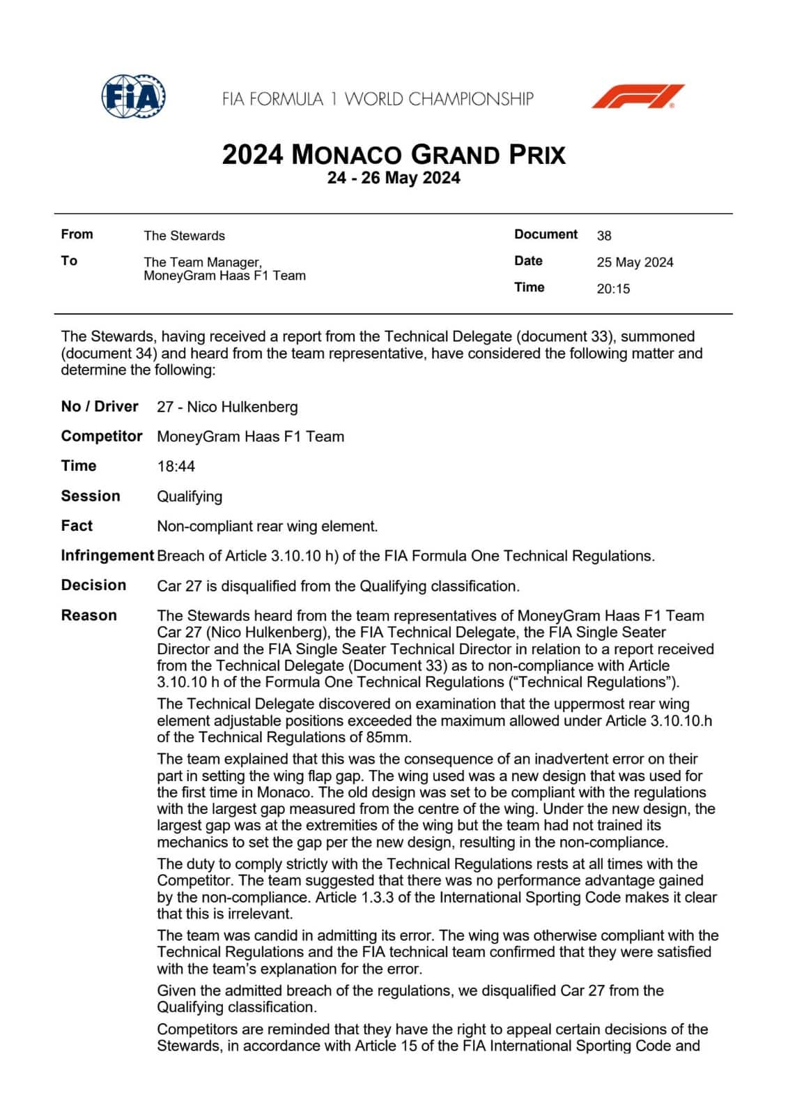 F1, GP Monaco, comunicato Fia squalifica Haas