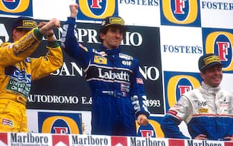 Imola, Italy.
23-25 April 1993.
Alain Prost (Williams Renault) 1st position, Michael Schumacher (Benetton Ford) 2nd position and Martin Brundle (Ligier Renault) 3rd position on the podium.
Ref-93 SM 04.
World Copyright - LAT Photographic