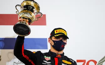 BAHRAIN INTERNATIONAL CIRCUIT, BAHRAIN - NOVEMBER 29: Max Verstappen, Red Bull Racing, 2nd position, with his trophy during the Bahrain GP at Bahrain International Circuit on Sunday November 29, 2020 in Sakhir, Bahrain. (Photo by Zak Mauger / LAT Images)
