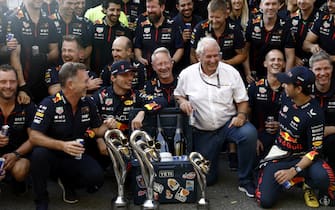 AUTODROMO NAZIONALE MONZA, ITALY - SEPTEMBER 03: Christian Horner, Team Principal, Red Bull Racing, Max Verstappen, Red Bull Racing, 1st position, Helmut Marko, Consultant, Red Bull Racing, and Sergio Perez, Red Bull Racing, 2nd position, celebrate with their team after the race during the Italian GP at Autodromo Nazionale Monza on Sunday September 03, 2023 in Monza, Italy. (Photo by Zak Mauger / LAT Images)