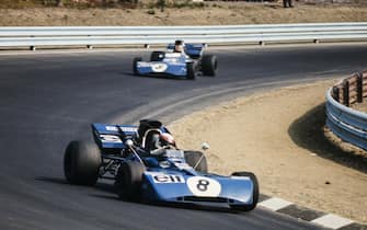 WATKINS GLEN INTERNATIONAL, UNITED STATES OF AMERICA - OCTOBER 03: Jackie Stewart, Tyrrell 003 Ford leads FranÃ§ois Cevert, Tyrrell 002 Ford during the United States GP at Watkins Glen International on October 03, 1971 in Watkins Glen International, United States of America. (Photo by LAT Images)