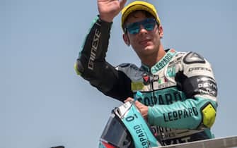 BURI RAM, THAILAND - OCTOBER 07:  Lorenzo Dalla Porta of Italy and Leopard Racing celebrates the second place on the podium at the end of the Moto3 race during the MotoGP Of Thailand - Race on October 7, 2018 in Buri Ram, Thailand.  (Photo by Mirco Lazzari gp/Getty Images)