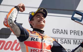 MISANO ADRIATICO, ITALY - SEPTEMBER 15: Marc Marquez of Spain and Repsol Honda Team celebrates the MotoGP victory on the podium at the end of the MotoGP race during the MotoGp of San Marino - Race at Misano World Circuit on September 15, 2019 in Misano Adriatico, Italy. (Photo by Mirco Lazzari gp/Getty Images)