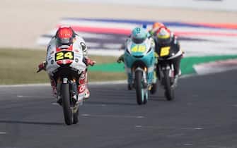 MISANO ADRIATICO, ITALY - SEPTEMBER 15: Tatsuki Suzuki of Japan and Sic 58 Squadra Corse   leads the field during the Moto3 race during the MotoGp of San Marino - Race at Misano World Circuit on September 15, 2019 in Misano Adriatico, Italy. (Photo by Mirco Lazzari gp/Getty Images)