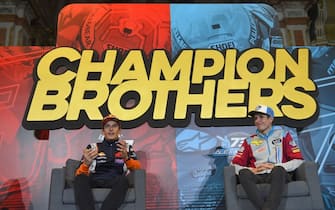 1181091142 Repsol Honda Team's Spanish rider Marc Marquez (L) and his brother EG 0,0 Marc VDS's Spanish rider Alex Marquez hold a press conference a few hours before celebrating their MotoGP and Moto2 titles in Cervera on November 9, 2019. - Marc Marquez on October 6 sealed his sixth MotoGP title in Buriram, Thailand, while his brother Alex became Moto2 world champion on November 3 in the Malaysian city of Sepang. (Photo by JOSE JORDAN / AFP) (Photo by JOSE JORDAN/AFP via Getty Images)
