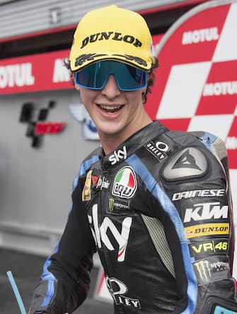 MOTEGI, JAPAN - OCTOBER 20: Celestino Vietti Ramus of Italy and Sky Racing Team VR46 celebrates the third place under the podium during the Moto3 race during the MotoGP of Japan - Race at Twin Ring Motegi on October 20, 2019 in Motegi, Japan. (Photo by Mirco Lazzari gp/Getty Images)