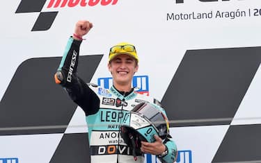 ALCANIZ, SPAIN - OCTOBER 25:  Jaime Masia of Spain and Leopard Racing celebrates the victory on the podium at the end of the Moto3 race during the MotoGP of Teruel at Motorland Aragon Circuit on October 25, 2020 in Alcaniz, Spain. (Photo by Mirco Lazzari gp/Getty Images)
