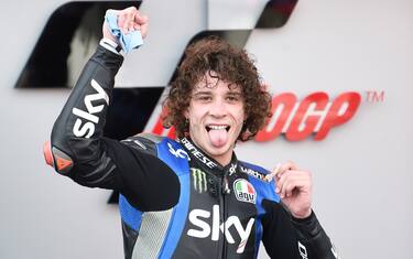 SKY Racing Team VR46's Italian rider Marco Bezzecchi celebrates after winning the Moto2 race of the European Grand Prix at the Ricardo Tormo circuit in Valencia on November 8, 2020. (Photo by JOSE JORDAN / AFP) (Photo by JOSE JORDAN/AFP via Getty Images)