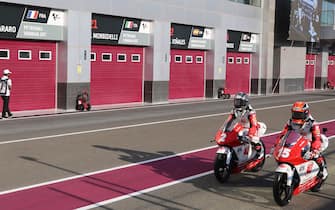 A picture taken on March 6, 2020 shows garages closed at the Losail International Circuit after cancelling the Qatar MotoGP race. - This weekend's season-opening MotoGP in Qatar was cancelled because of the spread of the coronavirus, although the Moto2 and Moto3 races will go ahead as planned as riders were already in the country for testing. (Photo by KARIM JAAFAR / AFP) (Photo by KARIM JAAFAR/AFP via Getty Images)