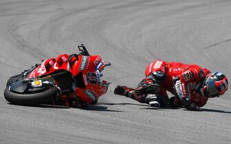 BARCELONA, SPAIN - JUNE 15: Danilo Petrucci of Italy and Mission Winnow Ducati crashes during the MotoGP Qualifying  ahead of MotoGP Gran Premi Monster Energy de Catalunya at Circuit de Barcelona-Catalunyaon June 15, 2019 in Barcelona, Spain. (Photo by David Ramos/Getty Images)