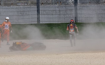 MISANO ADRIATICO, ITALY - SEPTEMBER 18: Pol Espargaro of Spain and Red Bull KTM Factory Racing  crashed out during the MotoGP Of San Marino - Free Practice at Misano World Circuit on September 18, 2020 in Misano Adriatico, Italy. (Photo by Mirco Lazzari gp/Getty Images)