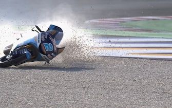 MISANO ADRIATICO, ITALY - SEPTEMBER 19: The bike of Gabriel Rodrigo of Argentina and Kommerling Gresini Moto3  crashed out during the MotoGP Of San Marino - Qualifying at Misano World Circuit on September 19, 2020 in Misano Adriatico, Italy. (Photo by Mirco Lazzari gp/Getty Images)