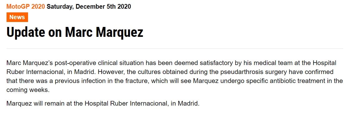 Marquez INFEZIONE ALLA FRATTURA resta in ospedale ...