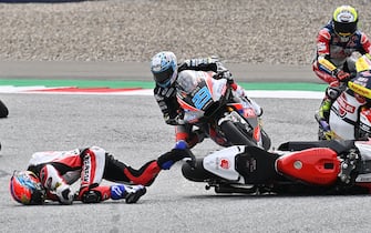 Idemitsu Honda Team Asia Thai rider Somkiat Chantra crashes during the Moto2 race at the Styrian Grand Prix on August 23, 2020 at Red Bull Ring circuit in Spielberg bei Knittelfeld, Austria. (Photo by JOE KLAMAR / AFP) (Photo by JOE KLAMAR/AFP via Getty Images)