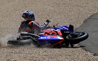 Red Bull KTM Tech 3's Portuguese rider Miguel Oliveira crashes during the MotoGP race during the Andalucia Grand Prix at the Jerez race track in Jerez de la Frontera on July 26, 2020. (Photo by JAVIER SORIANO / AFP) (Photo by JAVIER SORIANO/AFP via Getty Images)