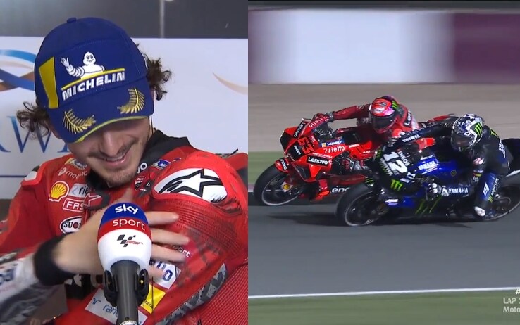 Bagnaia mostra i segni lasciata sulla sua tuta dalla gomma di Vinales