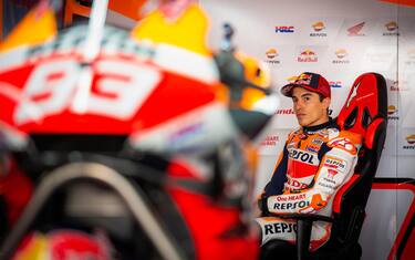 epa09139079 Spanish rider of Repsol Honda team, Marc Marquez, prepares for the first MotoGP free training session of the Motorcycling Grand Prix of Portugal at Algarve International race track, Portimao, Portugal, 16 April 2021. The Motorcycling Grand Prix of Portugal will take place on 18 April 2021.  EPA/JOSE SENA GOULAO