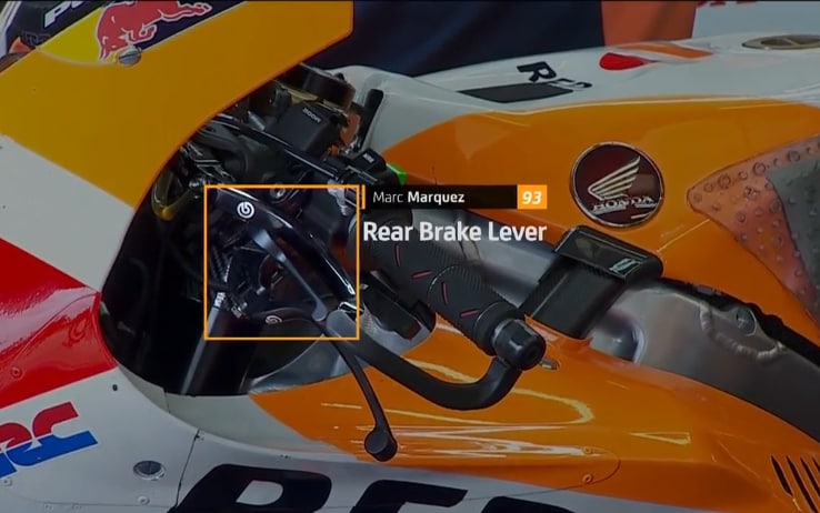 Il freno a leva posteriore tipo scooter utilizzato da Marc Marquez sulla sua Honda a Silverstone Marc Marquez, Honda