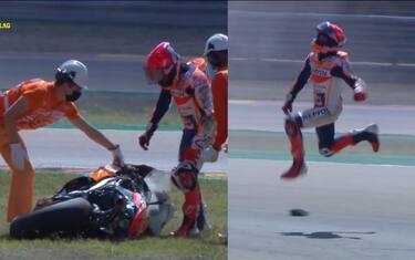 Marquez cade e reagisce con un saltello di stizza