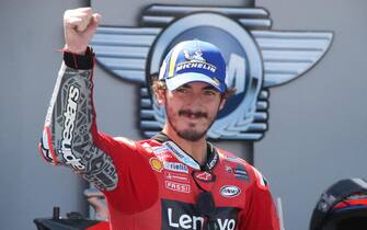 SPAIN MOTORCYCLING GRAND PRIX epa09463684 Italian MotoGP rider Francesco Bagnaia of the Ducati Lenovo Team celebrates on the podium after winning the Motorcycling Grand Prix of Aragon at Motorland Aragon circuit in Alcaniz, Spain, 12 September 2021. EPA/Javier Cebollada
