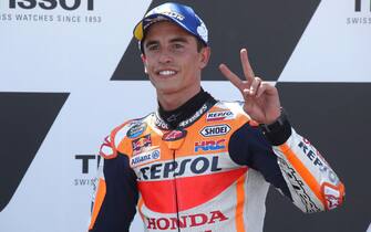 SPAIN MOTORCYCLING GRAND PRIX epa09463677 Spanish MotoGP rider Marc Marquez of the Repsol Honda Team celebrates on the podium after taking the second place in the Motorcycling Grand Prix of Aragon at Motorland Aragon circuit in Alcaniz, Spain, 12 September 2021. EPA/Javier Cebollada