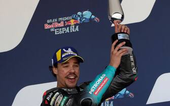 SPAIN MOTORCYCLING GRAND PRIX epa09173745 Third placed Italian MotoGP rider Franco Morbidelli of Petronas Yamaha SRT celebrates on the podium after the Spanish Motorcycling Grand Prix at Jerez racetrack in Jerez de la Frontera, southern Spain, 02 May 2021. EPA/JULIO MUNOZ