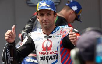 SPAIN MOTORCYCLING GRAND PRIX epa09249495 French MotoGP rider Johann Zarco of the Pramac Racing team celebrates after taking the third position in the qualifying session of the Motorcycling Grand Prix of Catalonia at the Barcelona-Catalunya circuit in Montmelo, near Barcelona, Spain, 05 June 2021. The Motorcycling Grand Prix of Catalonia will take place on 06 June 2021. EPA/Alejandro Garcia