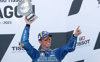 SPAIN MOTORCYCLING GRAND PRIX epa09463691 Spanish MotoGP rider Joan Mir of the Suzuki GSX RR Team celebrates on the podium after taking the third place in the Motorcycling Grand Prix of Aragon at Motorland Aragon circuit in Alcaniz, Spain, 12 September 2021. EPA/Javier Cebollada
